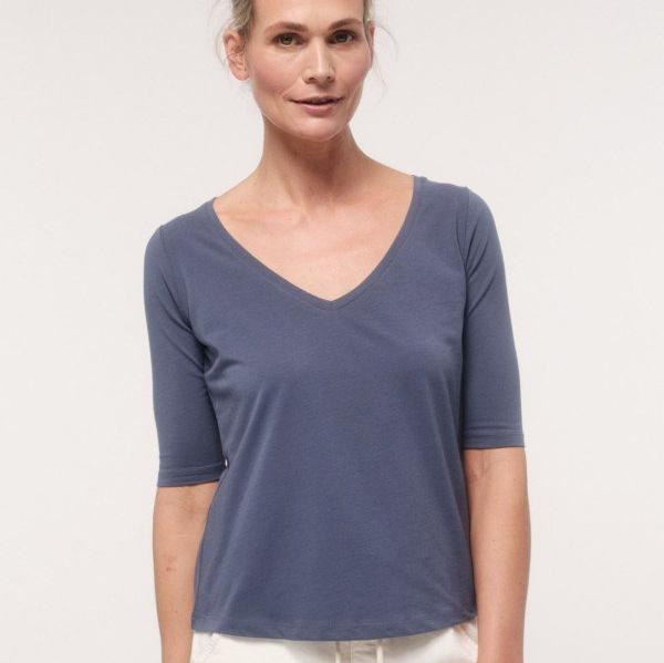 LANIUS Damen Basic T-Shirt mit V-Ausschnitt